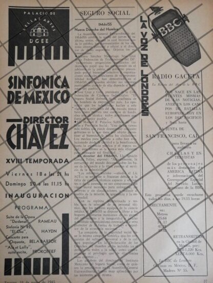 AFICHE RETRO ORQUESTA SINFONICA MAY 1945 Y BBC RADIO