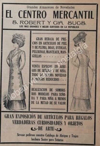 CARTEL ANTIGUO ORIGINAL DE TIENDA EL CENTRO MERCANTIL 1910 S. ROBERT Y CIA.