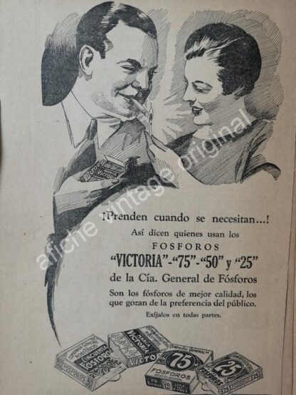 CARTEL ANTIGUO ORIGINAL DE FOSFOROS VICTORIA AÑOS 20s /6