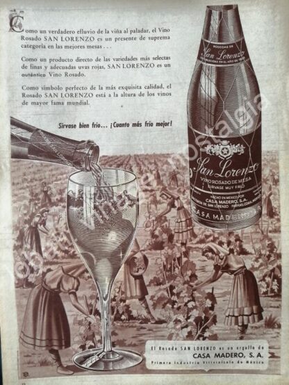 CARTEL ANTIGUO ORIGINAL DE VINO ROSADO SAN LORENZO 1958 CASA MADERO /V265