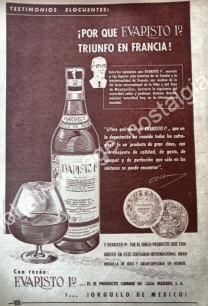 CARTEL ANTIGUO ORIGINAL DE BRANDY EVARISTO No 1. PREMIO FRANCIA 1955 / RARO Y ANTOINE BONNET