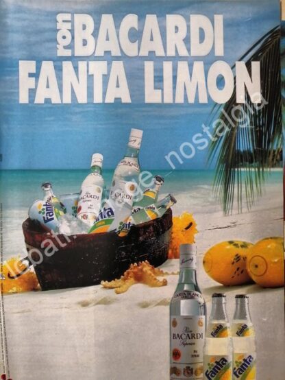 CARTEL ANTIGUO ORIGINAL DE RON BACARDI FANTA LIMON 1980s /RARO