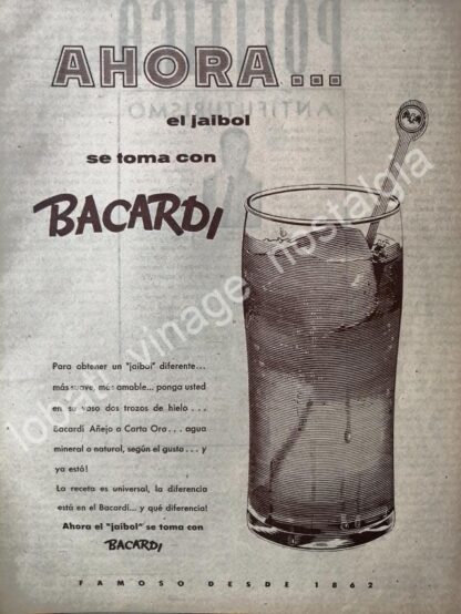 CARTEL ANTIGUO ORIGINAL DE RON BACARDI 1956 AHORA EL JAIBOL SE TOMA CON BACARDI