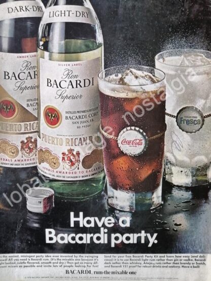 CARTEL ANTIGUO ORIGINAL DE RON BACARDI Y COCA COLA 1970 INICIOS DE LA ALIANZA /RARO