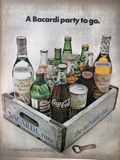 CARTEL ANTIGUO ORIGINAL DE RON BACARDI ALIANZA CON PEPSI, 7UP Y CANADA DRY 1971 /RARO