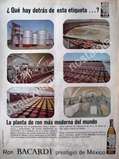 CARTEL ANTIGUO ORIGINAL DE RON BACARDI Y LA PLANTA DE TEPOTZOTLAN 1965 / MUY RARO