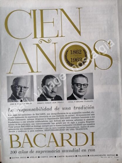 CARTEL ANTIGUO ORIGINAL DE VINOS BACARDI 100 ANIVERSARIO 1965 -RARO