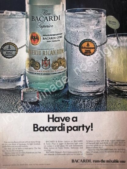 CARTEL ANTIGUO ORIGINAL DE RON BACARDI Y REFRESCOS SCHWEPPES 1969 / MUY RARO