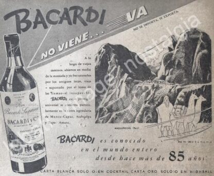 CARTEL ANTIGUO ORIGINAL DE RON BACARDI Y MACHUPICHU 1947