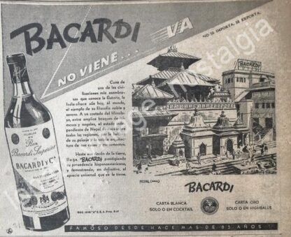 CARTEL ANTIGUO ORIGINAL DE RON BACARDI Y NEPAL 1947