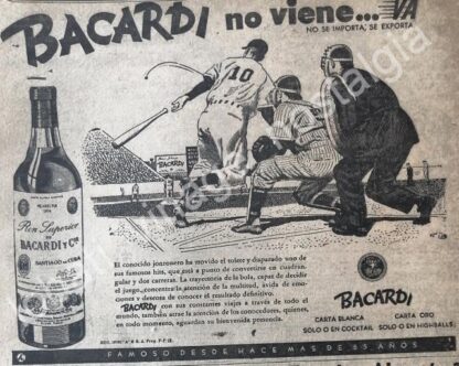 CARTEL ANTIGUO ORIGINAL DE RON BACARDI Y EL BEISBOL 1947