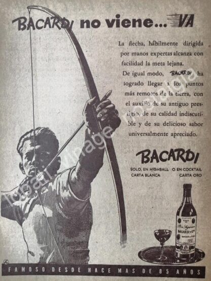 CARTEL ANTIGUO ORIGINAL DE RON BACARDI 1947 NO VIENE VA ARQUERO