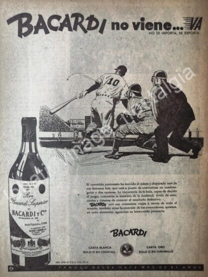 CARTEL ANTIGUO ORIGINAL DE RON BACARDI 1947 NO VIENE VA BEISBOLISTAS