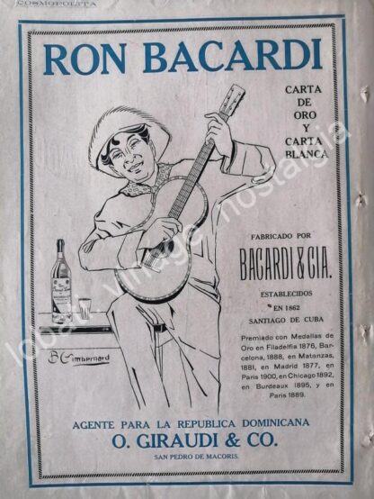 CARTEL ANTIGUO ORIGINAL DE RON BACARDI 1920 DIBUJO. BIENVENIDO GIMBERNARD / SUPER RARO