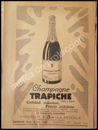 CARTEL ANTIGUO ORIGINAL DE VINOS. CHAMPAGNE TRAPICHE 1929 /5