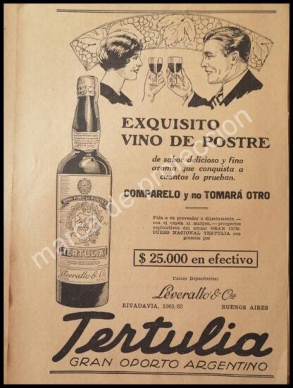 CARTEL ANTIGUO ORIGINAL DE VINOS. OPORTO ARGENTINO. TERTULIA 1927 /2