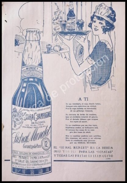 CARTEL ANTIGUO ORIGINAL DE SIDRA CHAMPAGNE MUNDET 1922 / RARO