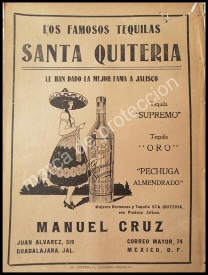 CARTEL ANTIGUO ORIGINAL DE TEQUILA SANTA QUITERIA DE MANUEL CRUZ 1922 RARO /2