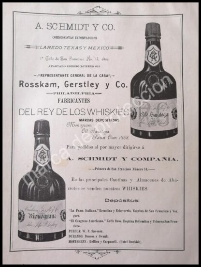 CARTEL ANTIGUO ORIGINAL DE VINOS A. SCHMIDT -WHISKY OLD SARATOGA 1898 /RARO