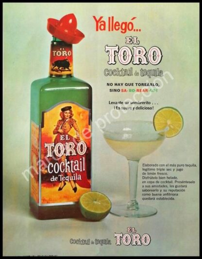 CARTEL ANTIGUO ORIGINAL DE COCTKTAIL TEQUILA EL TORO 1967 /MUY RARO