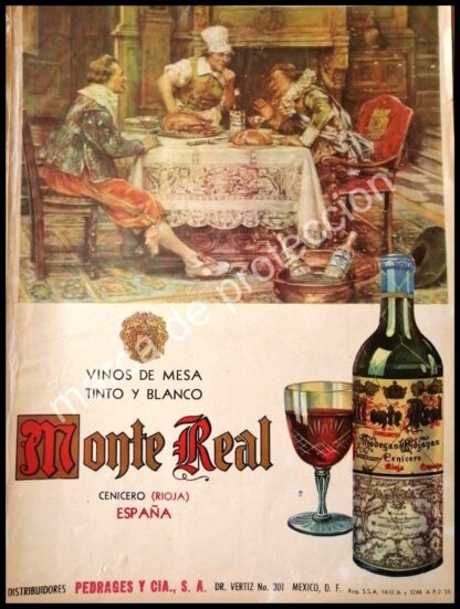 CARTEL ANTIGUO ORIGINAL DE VINOS MONTE REAL 1955 PEDRAGES Y CIA.