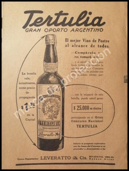 CARTEL ANTIGUO ORIGINAL DE VINOS. OPORTO TERTULIA DE LEVERALLO 1927 /3