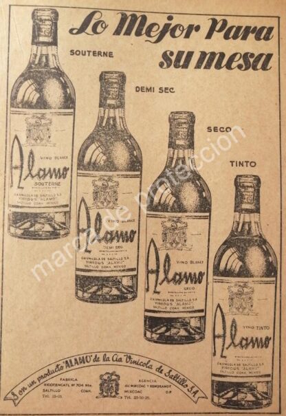 CARTEL ANTIGUO ORIGINAL DE VINOS ALAMO, CIA. VINICOLA DE SALTILLO 1949 - Imagen 2