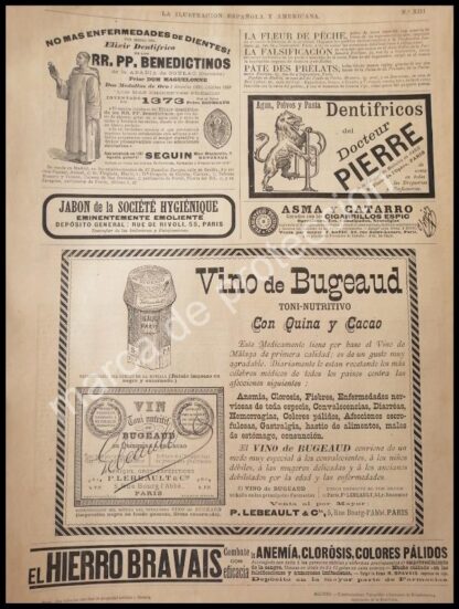 CARTEL ANTIGUO ORIGINAL DE TONICO VINO DE BUGEAUD 1894 Y OTRAS PUBLICIDADES