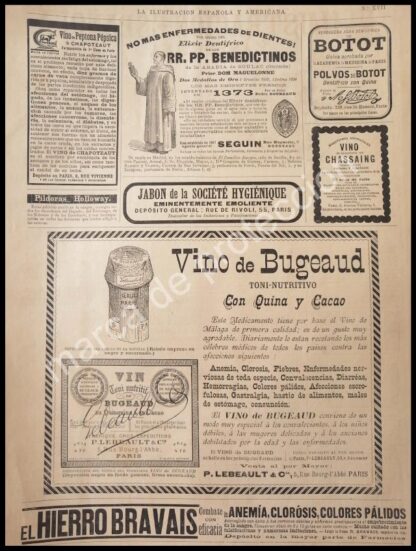 CARTEL ANTIGUO ORIGINAL DE TONICO VINO DE BUGEAUD 1895 Y OTRAS PUBLICIDADES