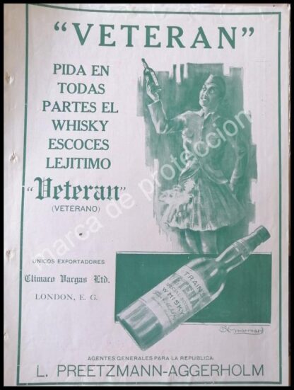 CARTEL ANTIGUO ORIGINAL DE WHISKY VETERAN 1920 DIBUJO. BIENVENIDO GIMBERNARD. SUPER RARO