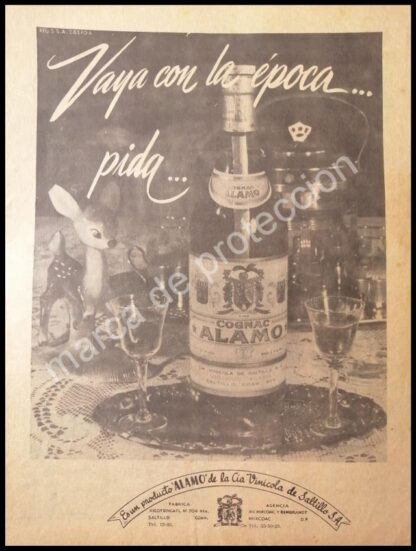 CARTEL ANTIGUO ORIGINAL DE COGNAC ALAMO 1950s / RARO