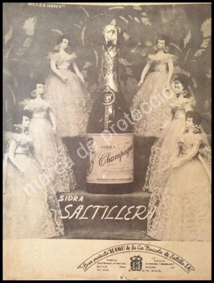 CARTEL ANTIGUO ORIGINAL DE SIDRA CHAMPAGNE SALTILLERA ALAMO. 1950s / RARO