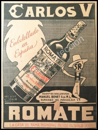 CARTEL ANTIGUO ORIGINAL DE VINOS ROMATE CARLOS V. 1940s /RARO