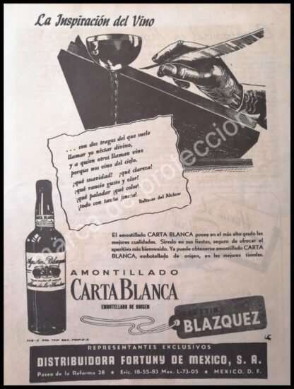 CARTEL ANTIGUO ORIGINAL DE VINO AMONTILLADO CARTA BLANCA 1946 /RARO