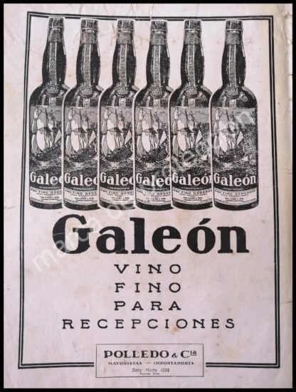 CARTEL ANTIGUO ORIGINAL DE VINO TINTO GALEON 1930 / RARO