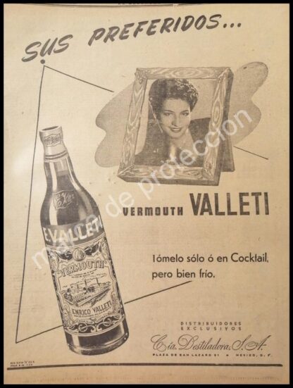 CARTEL ANTIGUO ORIGINAL DE VINOS VALLETI VERMOUTH 1947