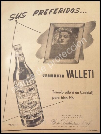 CARTEL ANTIGUO ORIGINAL DE VINOS VALLETI CON ANDREA PALMA 1947 / FEP /RARO