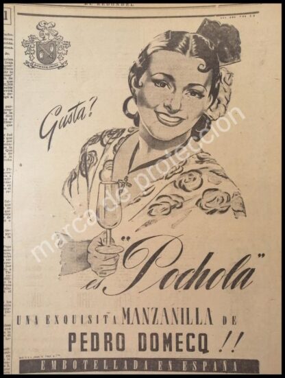 CARTEL ANTIGUO ORIGINAL DE MANZANILLA LA PALMA, PEDRO DOMECQ 1947. RARO