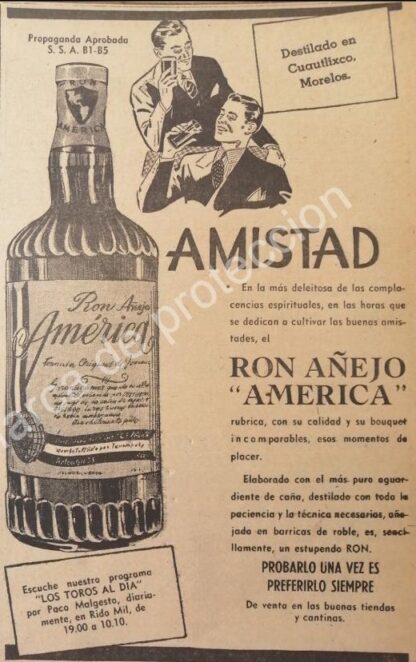 CARTEL ANTIGUO ORIGINAL DE RON AMERICA 1947. MUY RARO