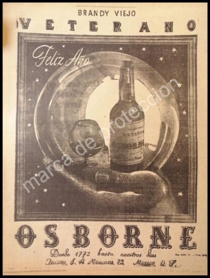 CARTEL ANTIGUO ORIGINAL DE BRANDY VIEJO VETERANO 1947 OSBORNE. RARO