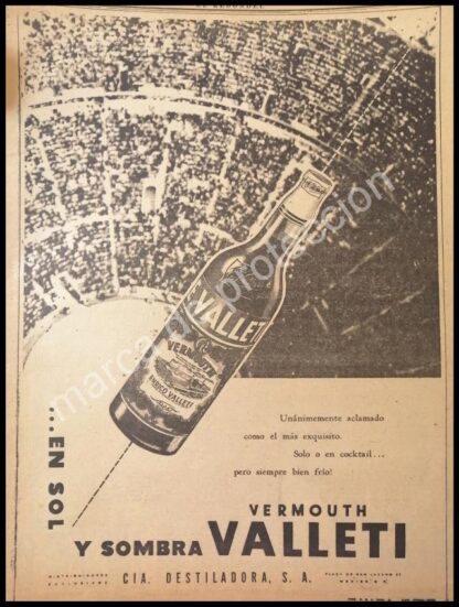 CARTEL ANTIGUO ORIGINAL DE VINOS VALLETI Y LA NUEVA PLAZA MEXICO 1947