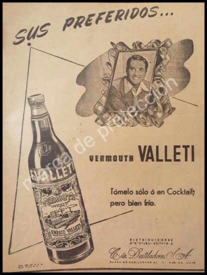 CARTEL ANTIGUO ORIGINAL DE VINOS VALLETI CON ARTURO DE CORDOBA 1947