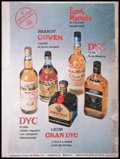 CARTEL ANTIGUO ORIGINAL DE VINOS DYC. DESTILERIA Y CRIANZA DEL WHISKY S.A 1980s