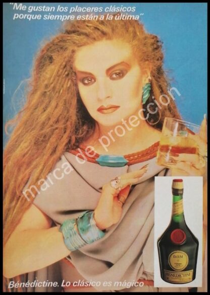 CARTEL ANTIGUO ORIGINAL DE VINOS BENEDICTINE Y LA CANTANTE ALASKA 1980s FEP