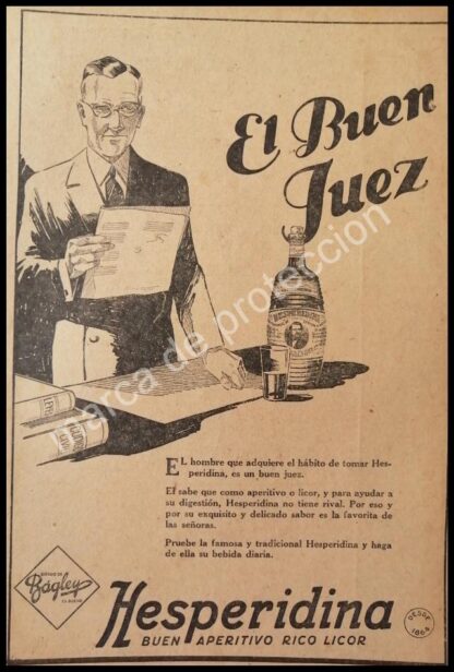 CARTEL ANTIGUO ORIGINAL DE APERITIVO HESPERIDINA DE BAGLEY 1927