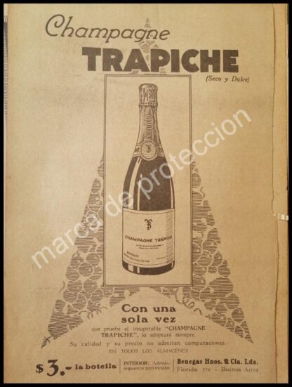 CARTEL ANTIGUO ORIGINAL DE VINOS. CHAMPAGNE TRAPICHE 1930 /4