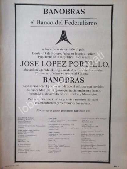 CARTEL ANTIGUO ORIGINAL DE BANCO BANOBRAS FELICITA A LOPEZ PORTILLO 1980 /141