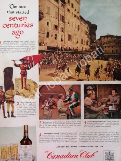 CARTEL ANTIGUO ORIGINAL DE WHISKY CANADIAN CLUB CARRERA HIPICA SIENA ITALIA 1948 /496