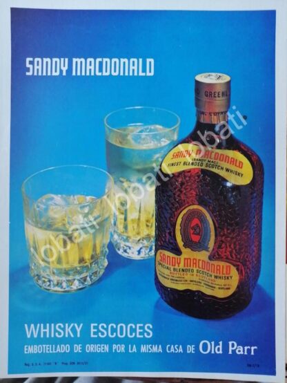 CARTEL ANTIGUO ORIGINAL DE VINOS. WHISKY SANDY MACDONALD 1980s /583