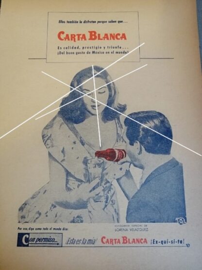 AFICHE RETRO CERVEZA CARTA BLANCA Y LORENA VELAZQUEZ 1960